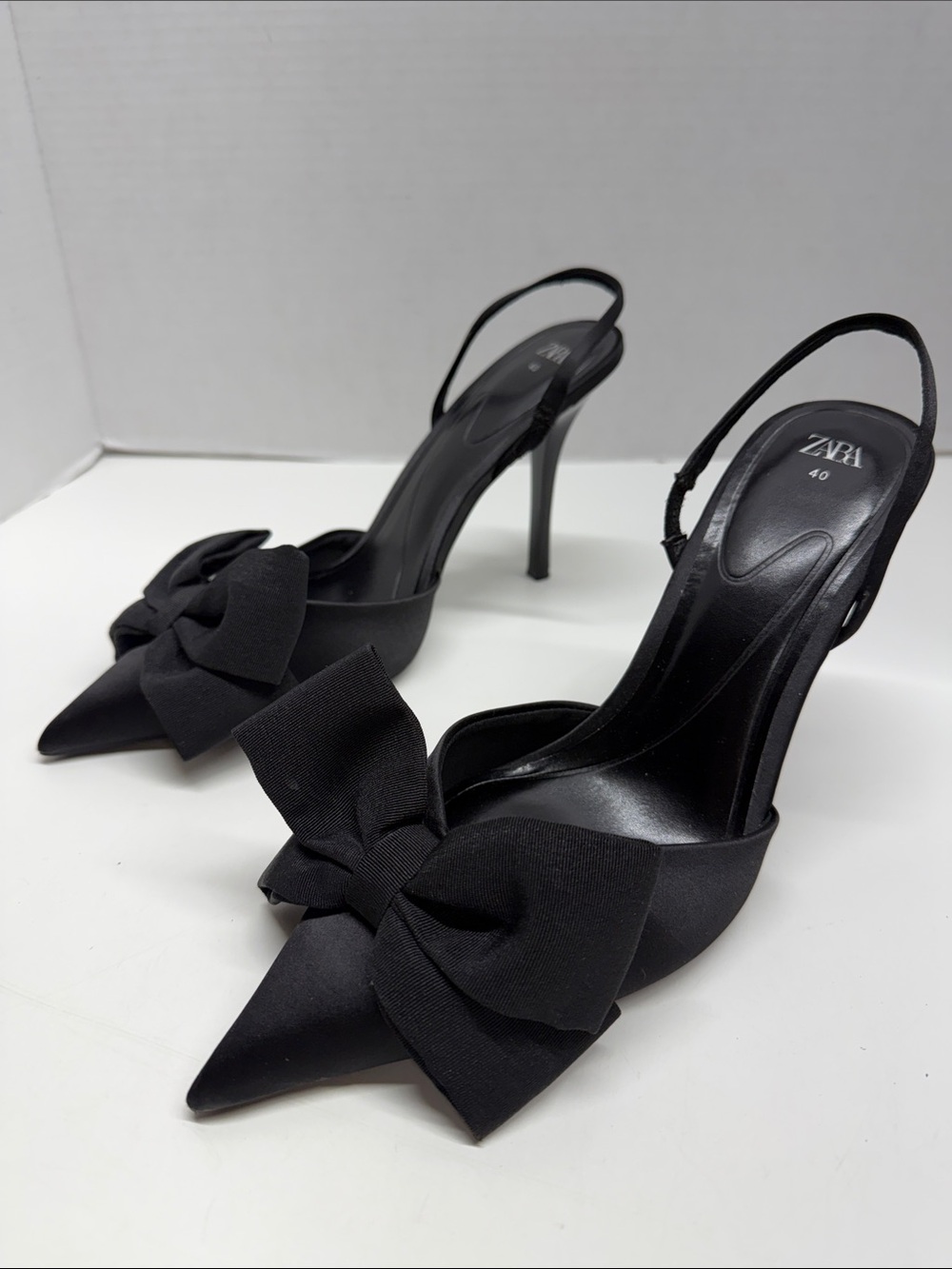 Zara Bow Heels Pointed Toe High Heel Shoes Slingback Stretch Satin Black Size 10 - Picture 2 of 10